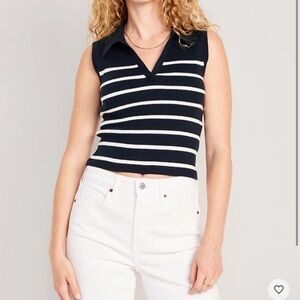 Rib Knit Crop Polo Sweater in Navy Stripe